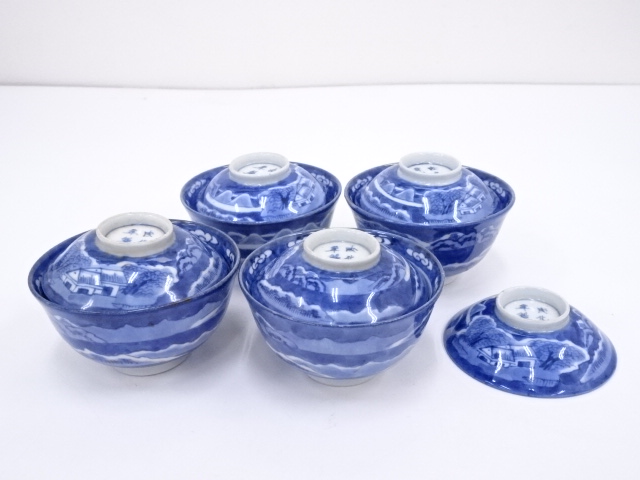 ANTIQUE JAPANESE IMARI / MEIJI ERA / LIDDED TEA BOWL SET OF 4 / BLUE & WHITE PORCELAIN